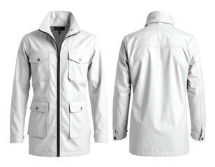 White utility jacket, front and back view, standing garment