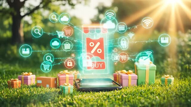 Sunny Mobile Shopping Scene With Smartphone Projecting Holographic Buy Interface, Floating Gift Boxes and Colorful Digital Elements