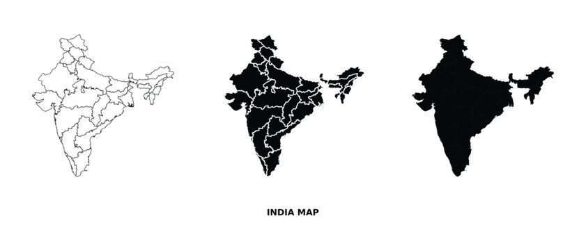 India map vector set with state and administrative divisions in black and white illustration