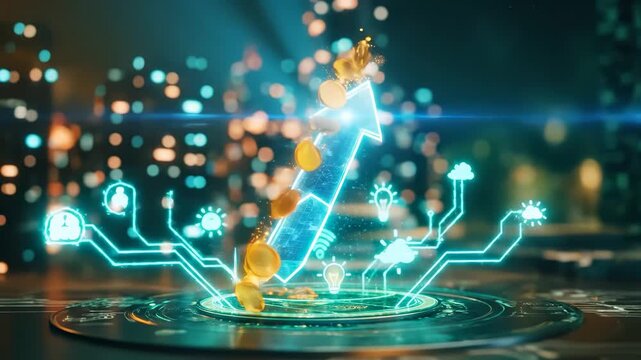 Digital Finance Growth with Golden Coins Rising from Holographic Pedestal in Cyberpunk Cityscape for Fintech Investment and Crypto Wealth