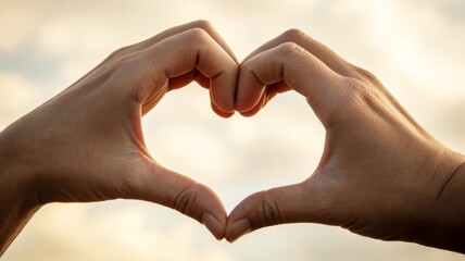 Fototapeta premium A pair of hands forms a heart shape against a softly lit sky, symbolizing love and connection.