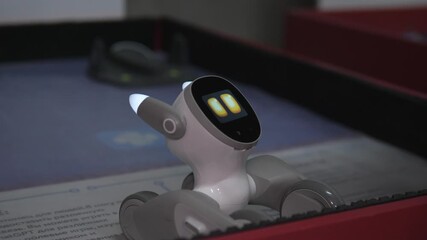 PetLike Robot Responding To Human Touch And Commands With Blinking Lights And Gentle Movements, Tabletop Training And Social Companion Behavior Showcased In Friendly Setting