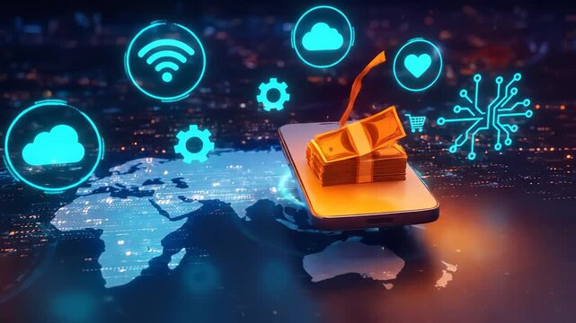 Global Digital Payment Transfer Between Two Smartphones Over Holographic World Map With Orange Money Bills Flying Through Cyberpunk Cityscape