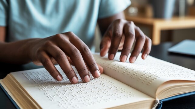 A person reading a Braille book, using their fingers to feel the raised dots, showcasing accessibility in literacy.