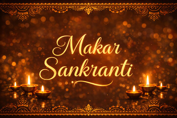 Festive Makar Sankranti Greeting with Glowing Diyas Illustration