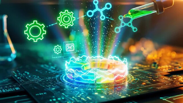 Biotechnology Data Analysis with Green Liquid Drop Falling on Glowing Rainbow Pie Chart Over Circuit Board in Cyberpunk Laboratory Setting
