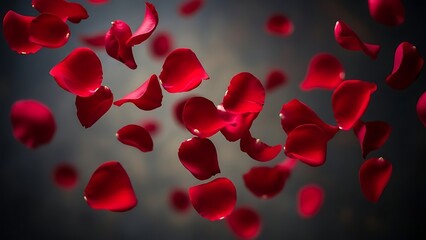 Flying red rose petals against dark blurred background