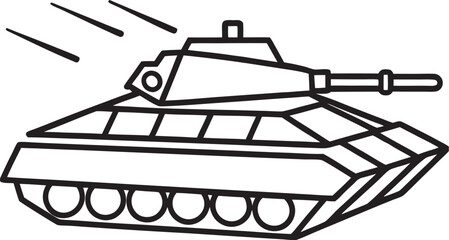 A black and white line drawing of a military tank firing projectiles, symbolizing combat © MS