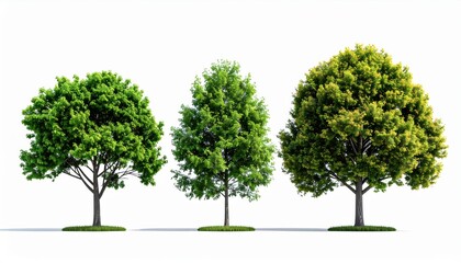 Obraz premium Three Lush Green Trees Isolated on White Background, Nature Concept