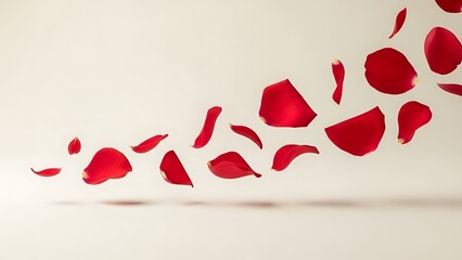 Red rose petals falling and floating against a light background