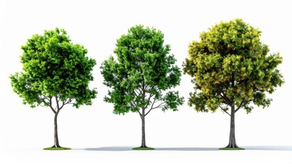 Obraz premium Three Lush Green Trees Isolated on White Background, Nature Illustration