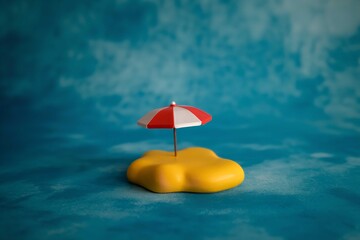 Yellow Cloud with Red and White Umbrella on Blue Background
