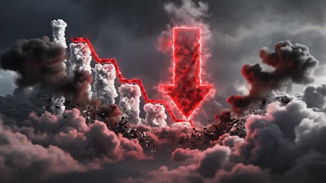 P831-Economic Meltdown and Business decrease and profit reduction as clouds in a sky as a financial graph 4K 10s