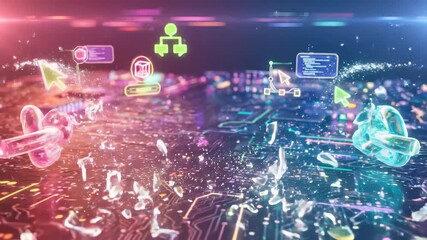 Shattering Neon Glass Chain Links Breaking Apart In Slow Motion With Exploding Shards And Glowing Shards For Blockchain Data Disruption - Powered by Adobe