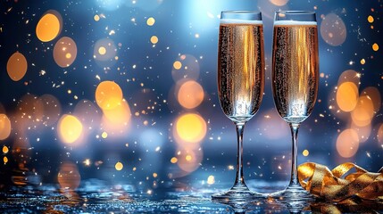 Two Flutes of Sparkling Champagne on a Bokeh - filled Background for Celebrations