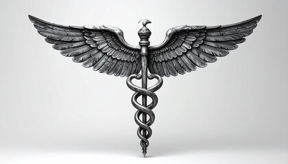 Black caduceus symbol with two serpents and wings, centered on a plain white background.