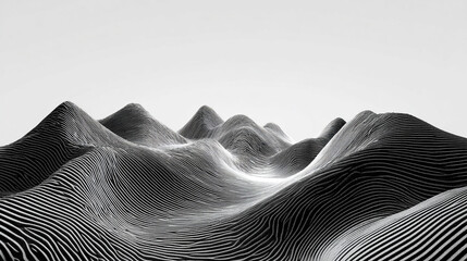 Abstract black-and-white desert sand dunes in 3D rendering, creating a minimalist, flowing background ideal for product presentations, banners, and modern design