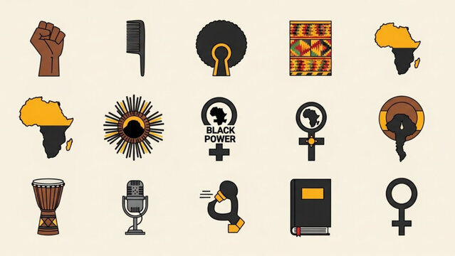 Collection of black power and african cultural symbols and icons including fists, dreadlocks, afro picks, kente cloth, drums, microphones, and feminist symbols on beige