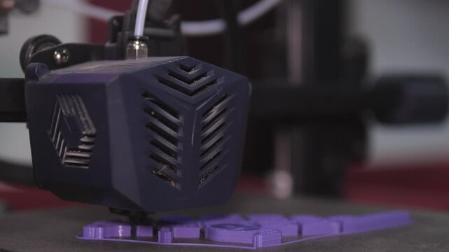CloseUp D Printer Extruder Depositing Purple Filament Layers In Industrial Style Production Run Repeatable Motion, Accuracy Emphasis, Factory Tone With Mechanical Gantry Movement