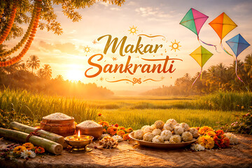 Happy Makar Sankranti Illustration with Kite, Tilgul, Pooja Thali and Sugarcane