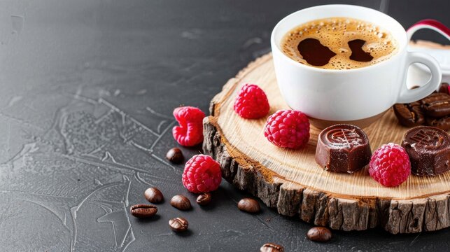Freshly Brewed Coffee in a White Cup Surrounded by Raspberries and Chocolate on a Rustic Wooden Board - Powered by Adobe