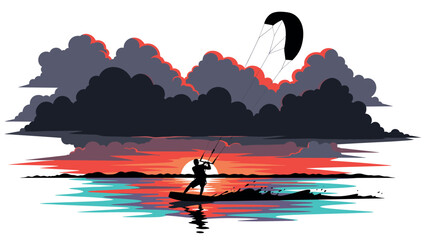 Obraz premium Vibrant kitesurfing scene at sunset with dramatic cloudscape and colorful reflections