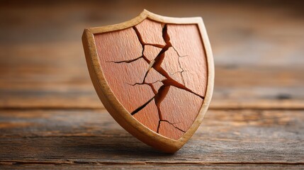 The challenges of the freelance economy. A cracked wooden shield rests on a rustic wooden surface, symbolizing protection and vulnerability.