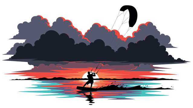 Vibrant kitesurfing scene at sunset with dramatic cloudscape and colorful reflections