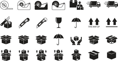Black and white logistics and shipping icons set