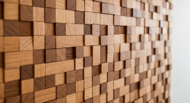 Textured wooden wall made of varying shades of cuboid blocks