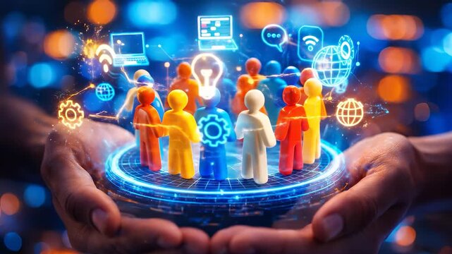 Human Hands Holding Glowing Holographic Platform With Group Of People Figures Surrounded by Laptop And Network Symbols In Tech Environment