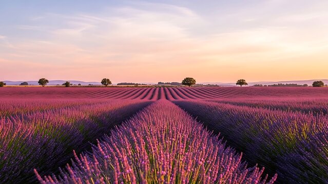Vibrant Lavender Field Sunset in Provence Rural Landscape with Blooming Flowers