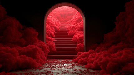 3D rendering of symbolic stairs leading to Heaven and Hell, representing religious choice, moral decision, and spiritual journey in a dramatic and conceptual scene.
