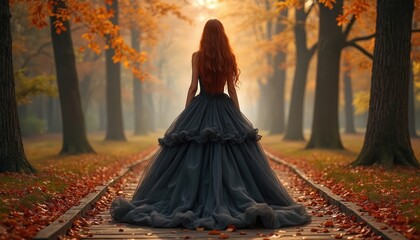 Naklejka premium Woman in long dark ball gown walks on wood path in autumn park. Red hair flows, golden leaves fall around. Elegant lady looks forward, soft light glows. Fantasy scene.