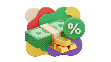 3D Financial Icons: Money, Gold, Percentage
