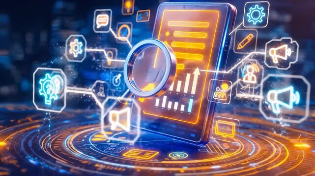 Smartphone Floating Above Holographic Platform With Magnifying Glass Inspecting Data Charts And Neon Tech Symbols Over City Night Lights