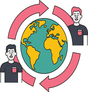 Stylized Globe with Human Figures and Circular Arrows Representing Global Communication Illustration