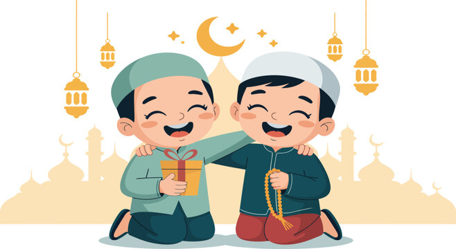 Cartoon Children Celebrating Eid with Gift and Prayer Beads Illustration