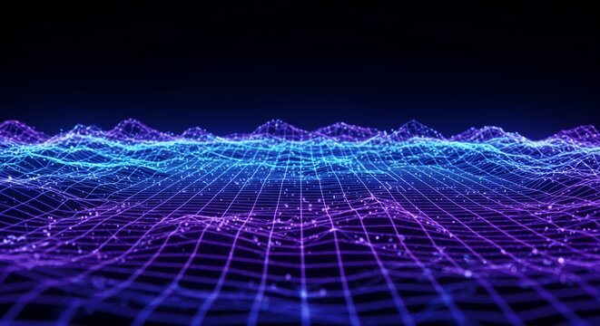 Abstract background of glowing blue and purple plasma energy waves flowing across a digital grid landscape, space, blue, energy - Powered by Adobe