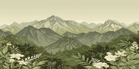 A breathtaking morning panorama of the alpine mountain landscape features snow-capped peaks and a lush green forest valley under a bright summer sky during a travel hiking adventure in the Europe Alps © mahabubmorshed