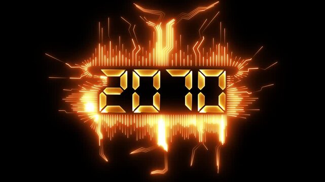 Greeting card 2070 blue technology and digital theme, and new year, festive atmosphere, number text.