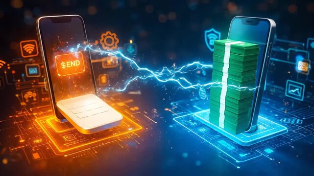 Digital Dollar Bills Flying Between Two Smartphones Over Glowing Circuit Surface With Neon Orange and Cyan Lighting For Mobile Money Transfer