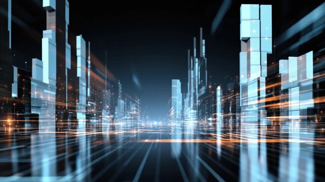 Digital Metropolis: An eye-level perspective of a futuristic metropolis, with a network of lines and illuminated structures creating a dynamic and modern cityscape.
