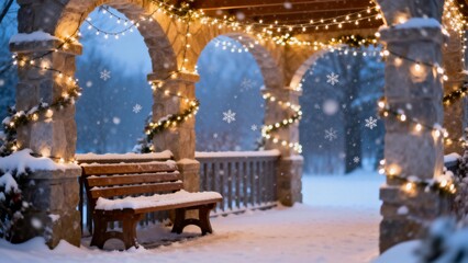 Fototapeta premium Snowy bench under lit arches