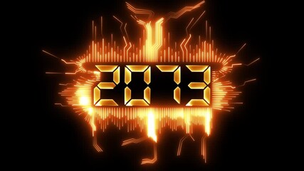 Greeting card 2073 blue technology and digital theme, and new year, festive atmosphere, number text.