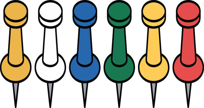 A colorful array of push pins on a plain white background