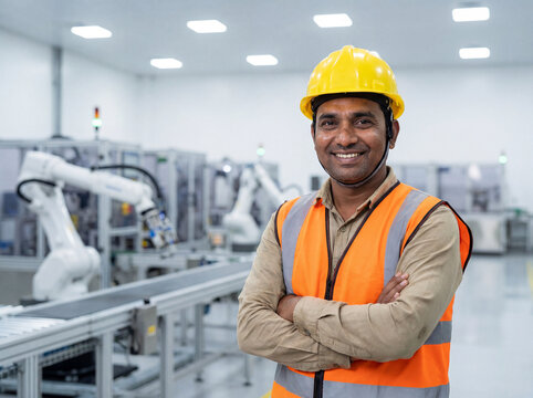 Indian industrial worker wearing yellow hard hat and safety vest in modern factory - Powered by Adobe
