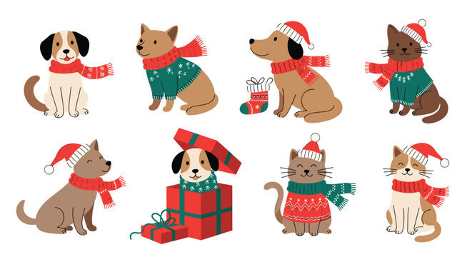 Charming group of cats and dogs dressed in festive Christmas hats, scarves, and winter sweaters celebrates the holiday with cute pet motifs.