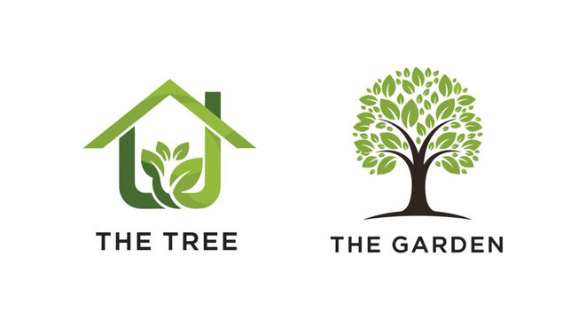 Pair of modern green logos for environmental brands include a house combined with leaves and a stylized tree for sustainable living.