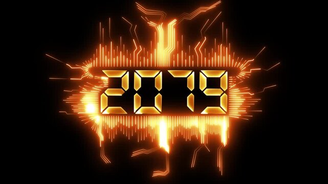 Greeting card 2079 blue technology and digital theme, and new year, festive atmosphere, number text.